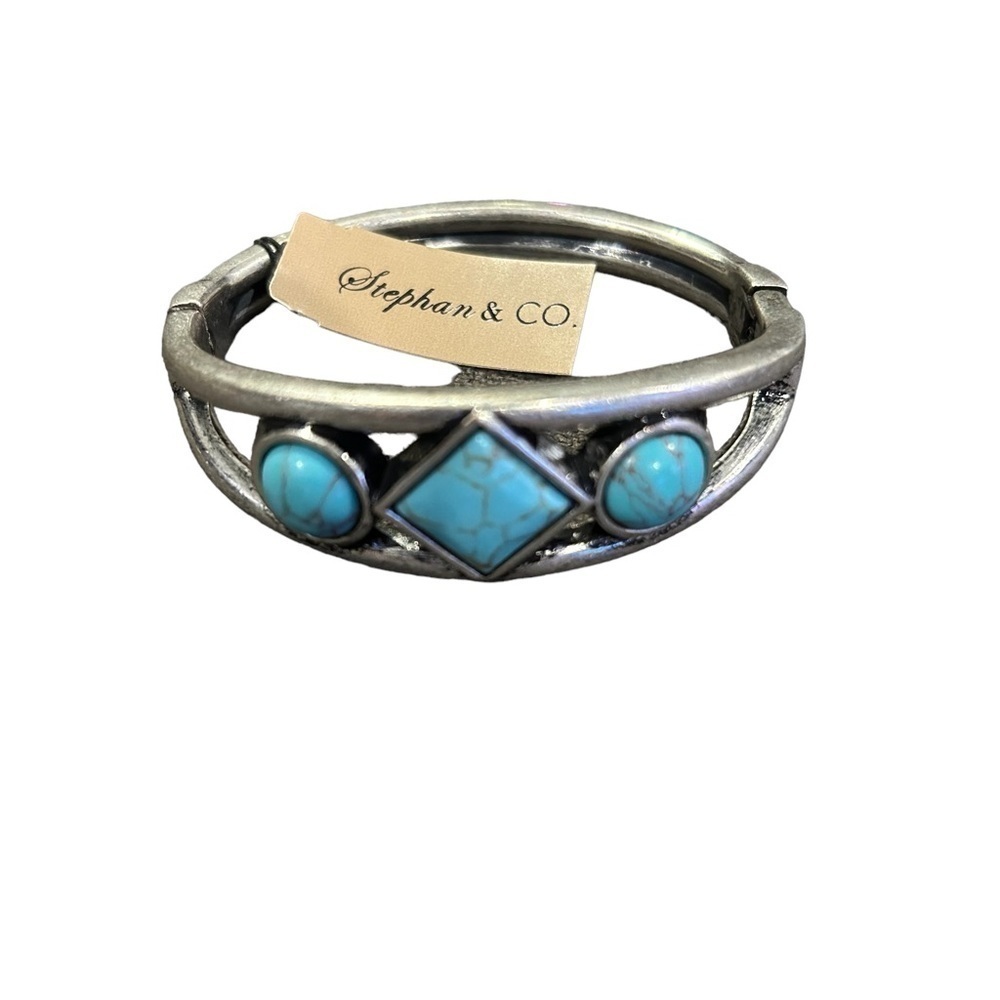 Stephan & CO. Silver Tone Medal Clasp Bracelet w/ Trio of Faux Turquoise Stones